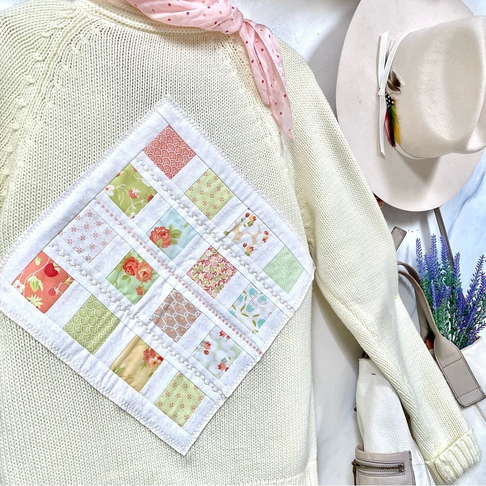 Farmhouse patchwork boho cable knit sweater w prairie granny cabin vibe